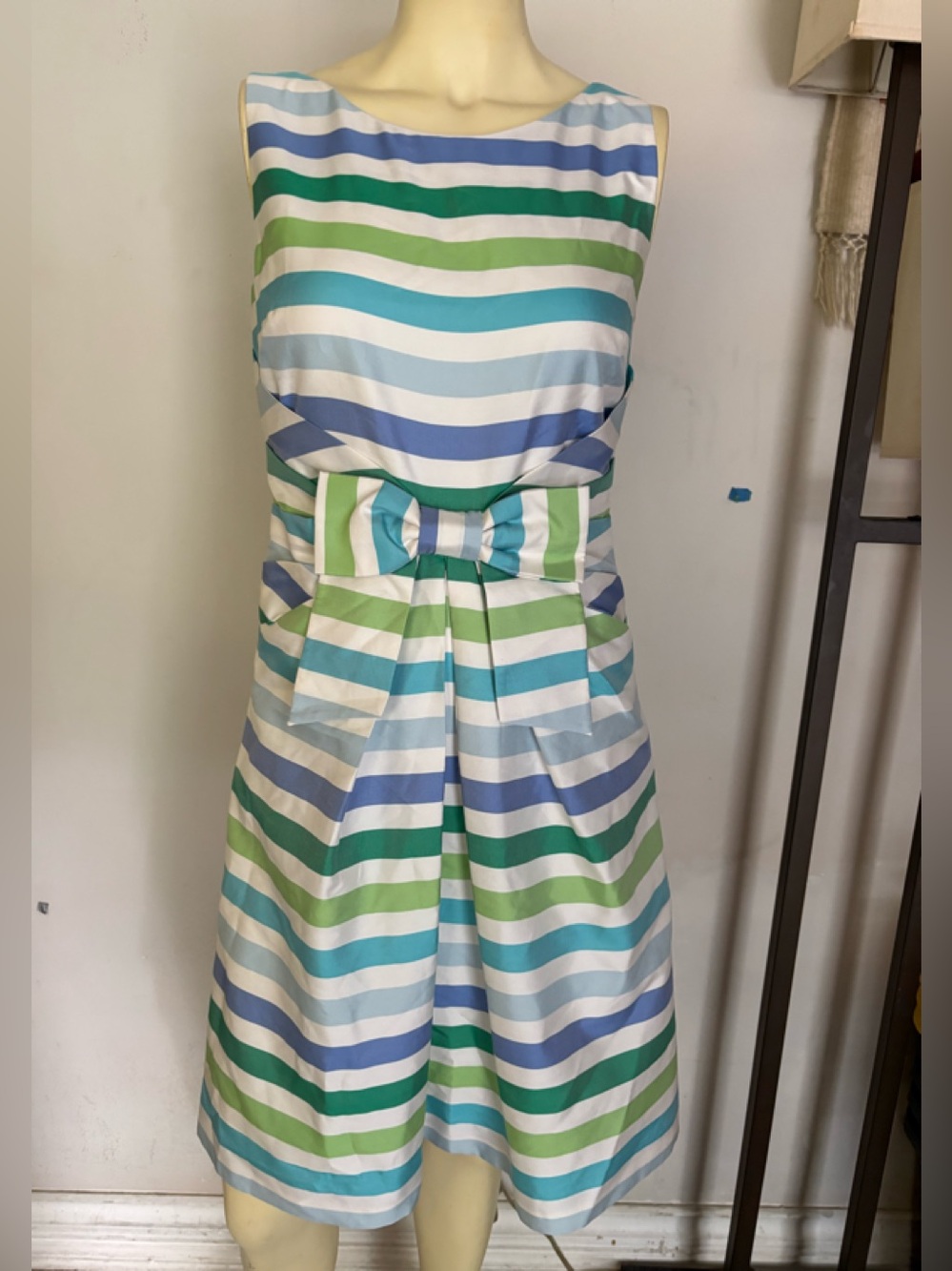 kate spade Striped Bow-Waist Sleeveless Dress in Blue, Green & White Size 4